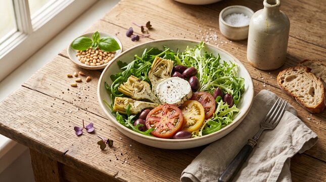 Fresh Mediterranean Salad with Artichokes and Goat Cheese on a Rustic Wooden Table Top View