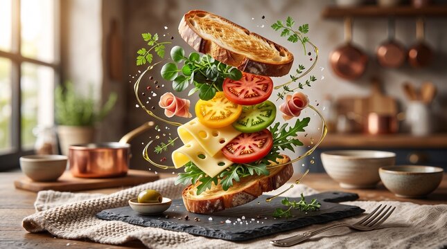Floating fresh sandwich ingredients with toasted bread in a rustic kitchen setting, macro view