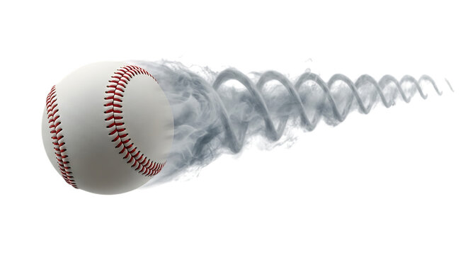 Baseball ball flying through the air with a trailing spiral of white smoke, isolated on a solid dark background, representing speed and motion isolated on a transparent background
