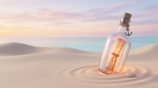 Message in glass bottle on sandy beach. Parchment letter inside container with anchor charm. Romantic travel concept, marine adventure, summer vacation, hope and mystery theme.