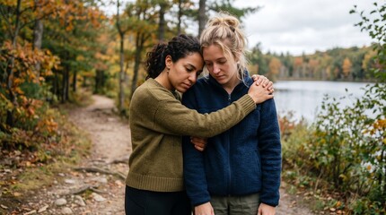 Fototapeta premium Two women embracing outdoors in autumn with a lake and trees in the background showing support and comfort