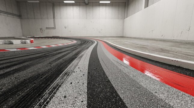 Empty indoor go kart racing track with tire marks on asphalt in a minimalist industrial setting