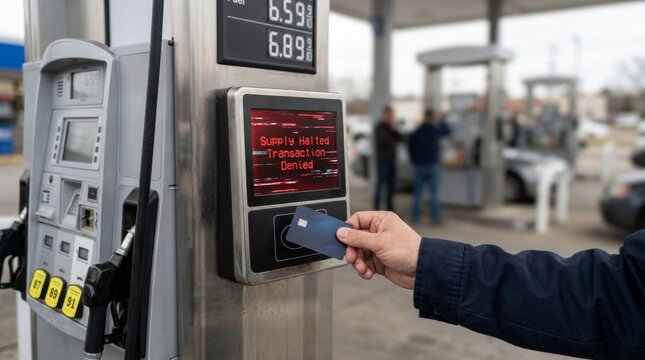 Man using credit card at gas pump with error message on display. Transaction denied and supply halted at service station. Cyber security issue and digital financial payment failure.