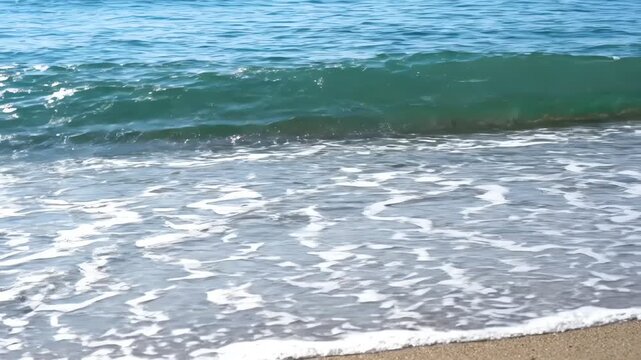 Ocean waves meet sandy shore with foam, forming a border between water and land