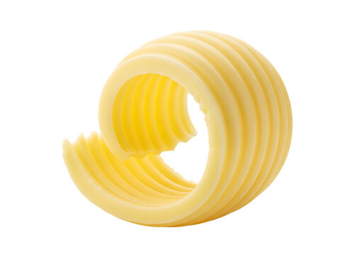 A single, perfectly formed swirl of fresh yellow butter with visible ridges and a smooth texture, isolated on a white background, for food isolated on a transparent background