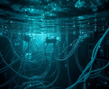 underwater submerged data center server room with blue glowing cables and liquid cooling system