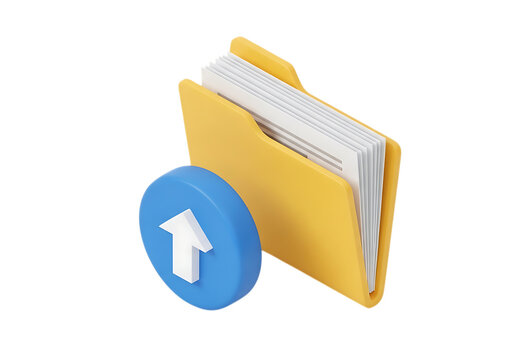 A3d rendered yellow folder containing white paper documents with a blue circular upload button featuring a white arrow pointing upwards on the side isolated on a transparent background