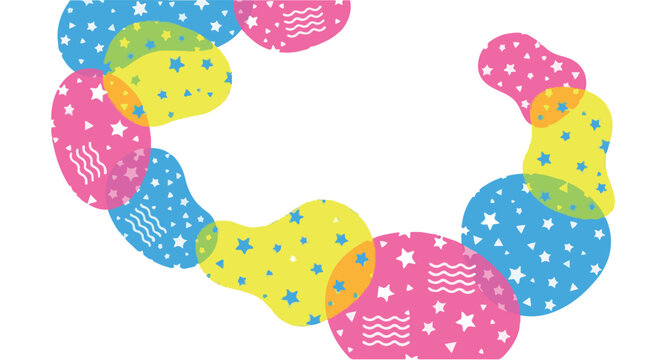 Abstract vector illustration featuring soft organic shapes in neon pink, yellow, and blue colors decorated with white stars and wavy lines on a plain white background layout.