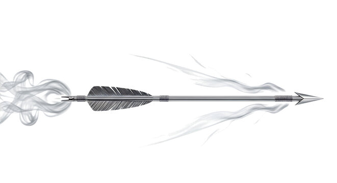 A sharp metallic arrow flying through the air with stylized white smoke trails, isolated on a white background, symbolizing speed, direction, and motion isolated on a transparent background