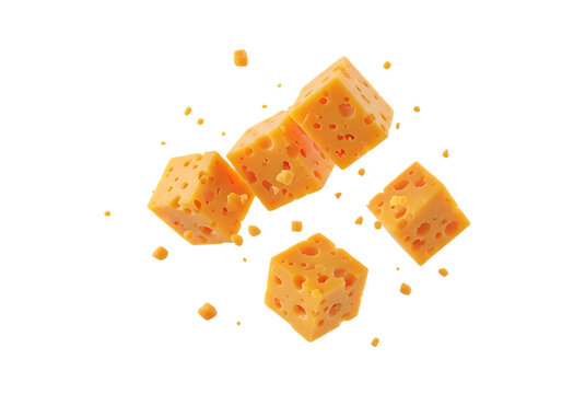 Floating cubes of yellow cheddar cheese with small holes, scattered and suspended in the air against a white background, food isolated on a transparent background