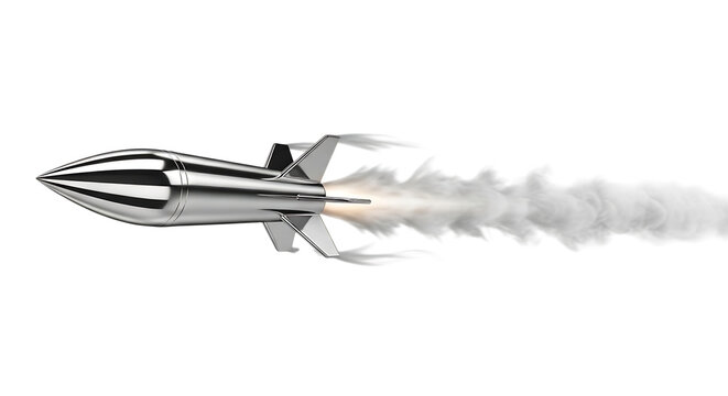 Shiny metallic rocket ship flying fast leaving a trail of white smoke against a plain , representing speed and, space exploration isolated on a transparent background