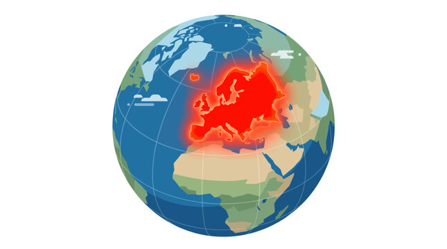 Global Heat Map Illustration of Earth with Europe Glowing Red in Vector Style