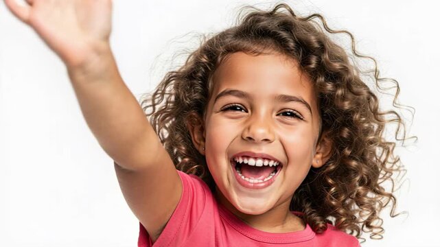 Joyful Hello: A happy young girl with curly hair and a bright smile waves her hand, exuding pure joy and welcoming energy.
