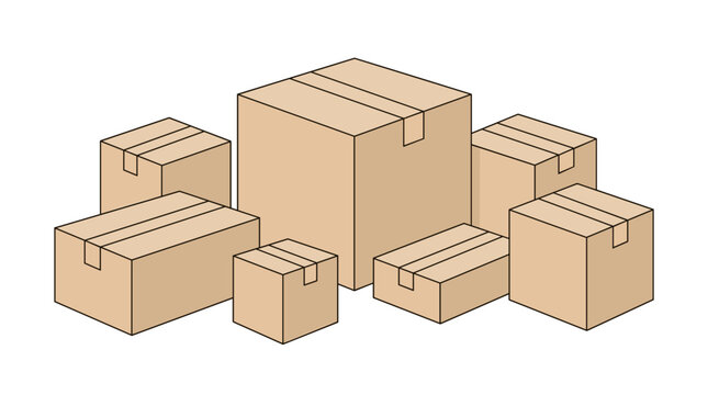 A collection of various sized cardboard boxes stacked together, isolated on a white background