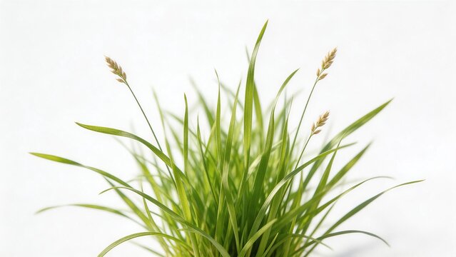 Green grass with seed heads on white background