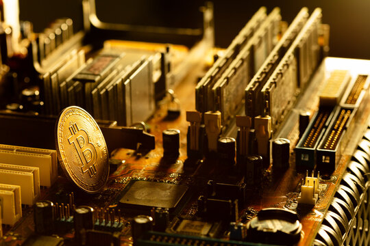 BTC bitcoin Cryptocurrency coin show on PC computer circuit motherboard. Concept for crypto currency, mining, technology, investment, finance, national bank reserve