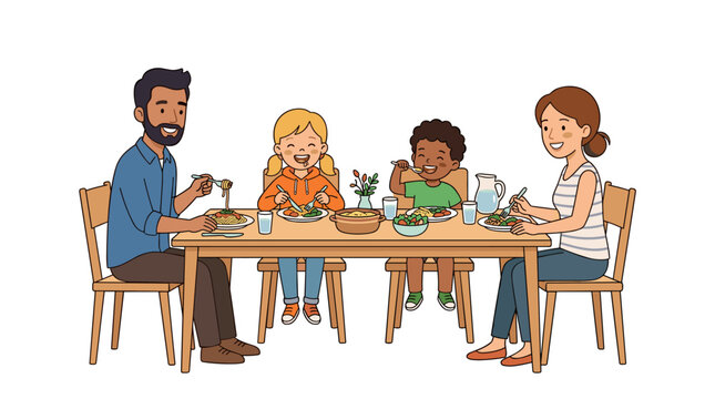 Diverse family enjoying a healthy spaghetti dinner together at a wooden table, smiling and laughing