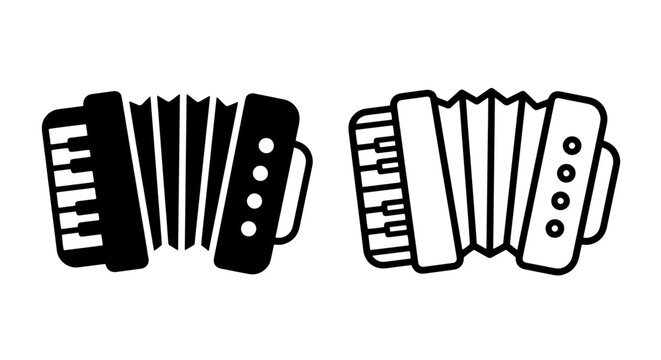Set of accordion musical instrument icons in solid and linear styles with accordion