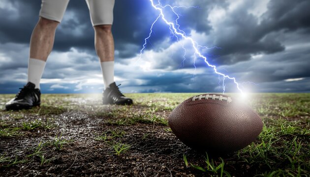 American football player standing on the field during a dramatic thunderstorm with lightning.