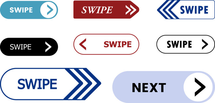 Collection of swipe and next buttons in various colors and styles for user interface navigation