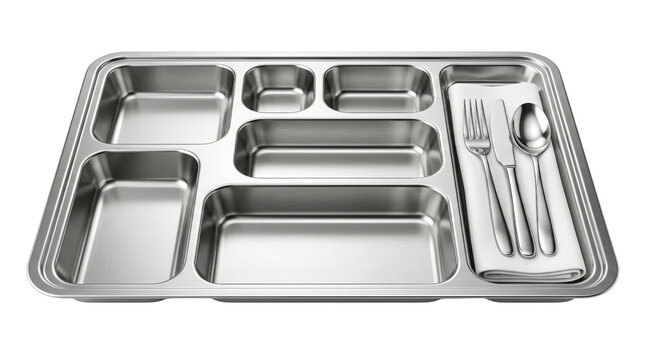 Stainless steel lunch tray with compartments and cutlery, empty metal food tray for cafeteria or prison, industrial canteen serving platter on white background