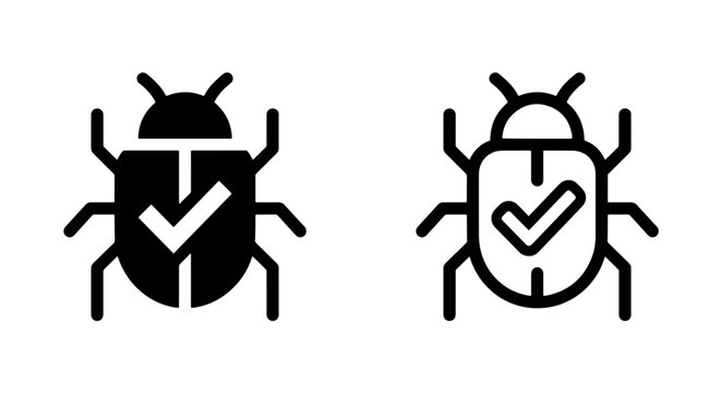 Software bug and quality assurance checkmark icon set in flat and outline style