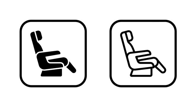 Airplane seat icon set in flat and outline rounded square border style with airplane