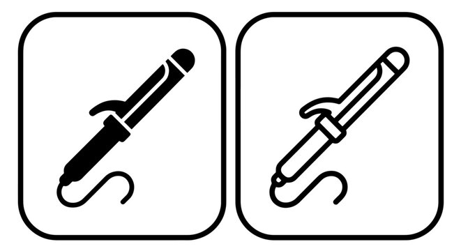 Hair curling iron styling tool icon set in rounded square with appliance, cosmetic