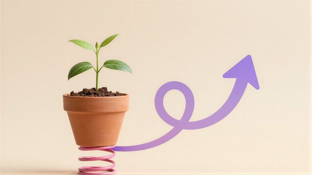 Young plant in pot springs upward with purple arrow, symbolizing growth and progress.