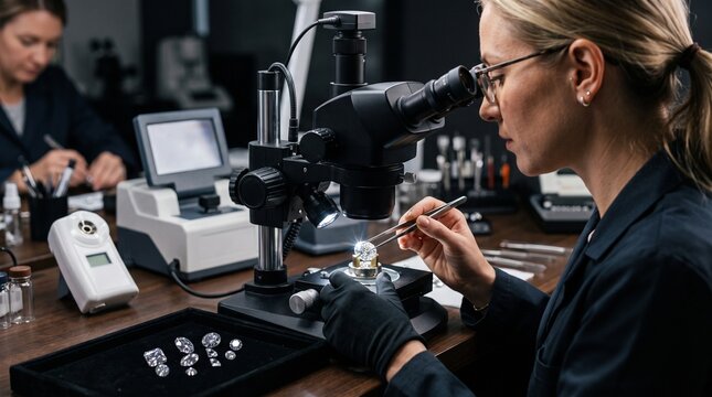 Female gemologist inspecting diamonds with microscope in a laboratory