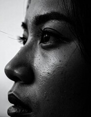Naklejka premium close up portrait of young beautiful woman, focus on face with natural light