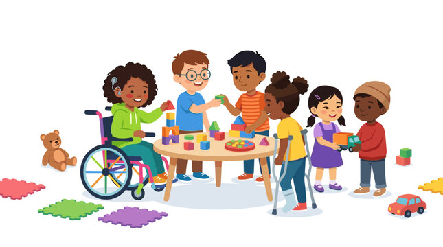 Diverse children with disabilities playing together with toys and building blocks at a table