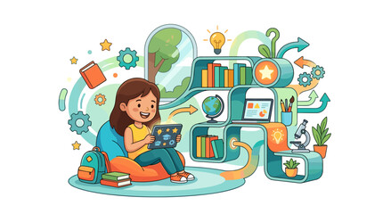 Fototapeta premium Young girl engaged in online learning with a tablet surrounded by educational elements
