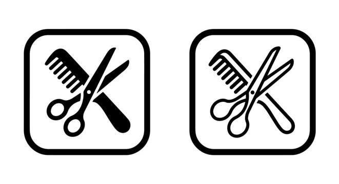 Comb and scissors barbershop icons set in square frames with scissors, hairdresser