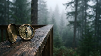 Naklejka premium Antique brass compass on a wooden railing overlooking a misty forest