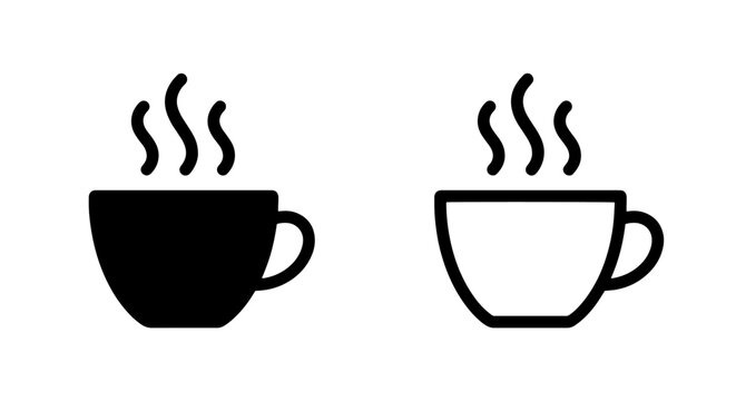 Set of coffee cup icons with steam silhouette and outline style beverage caffeine