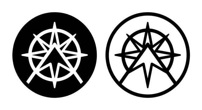 Minimalist compass star icons in black and white solid and outline vector set