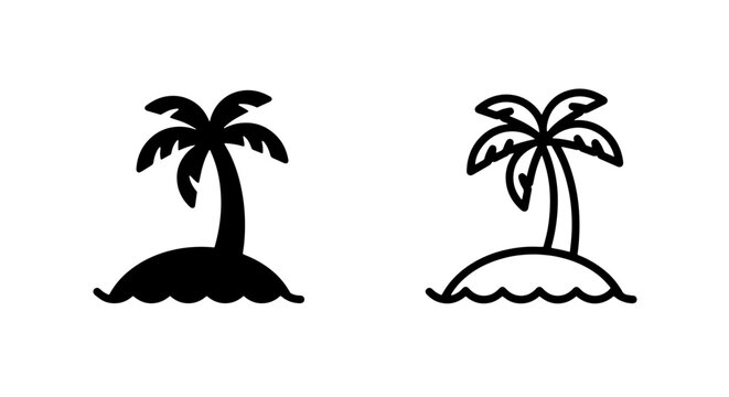Tropical island with palm tree silhouette and outline icon set tropical vacation