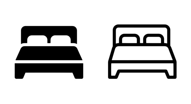 Simple double bed icon set for hotel and accommodation with furniture, interior