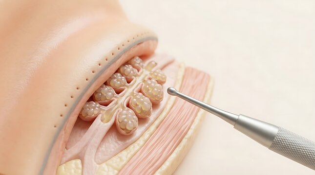 3D medical illustration of human gland structure with surgical probe