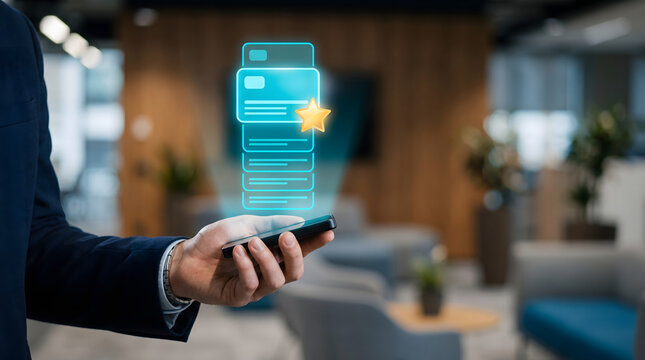 Customer loyalty manager displaying digital rewards hologram for modern loyalty program management solutions