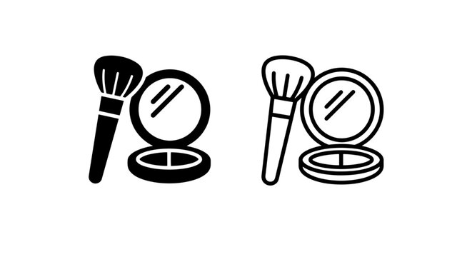Makeup brush and powder compact icon set with cosmetic application minimalist