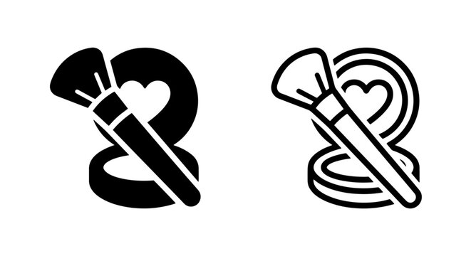 Makeup brush and powder compact icon set in solid and outline style with cosmetics