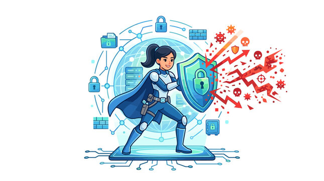 Cybersecurity Superheroine Defends Against Digital Threats with Shield and Network Protection