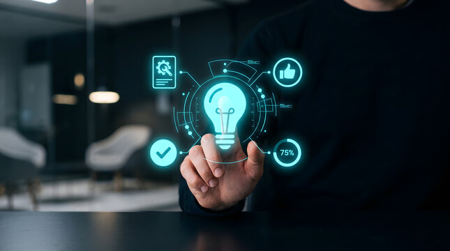 Innovation management hologram showing digital idea validation and business creativity technology concept