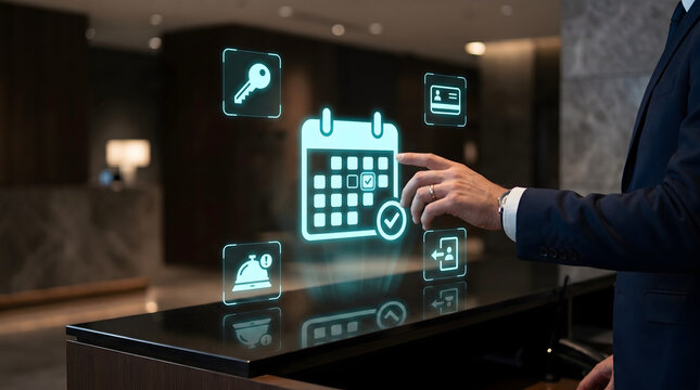 Digital hotel reservation hologram interface with smart booking management and hospitality technology concept