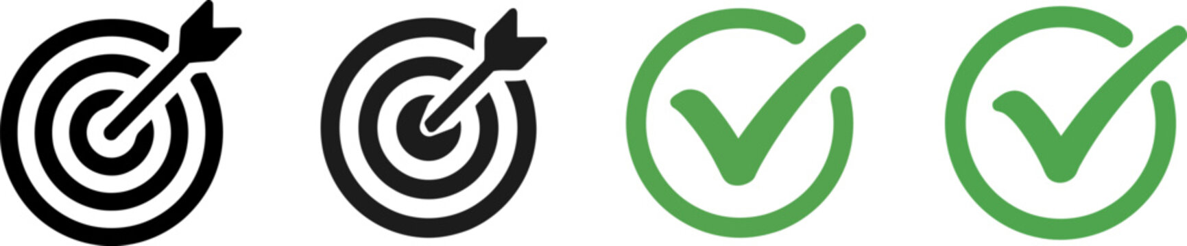 Collection of four icons, including targets with arrows and checkmarks in black and green