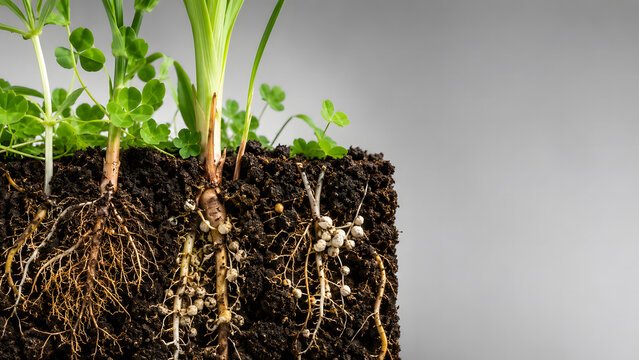 Cross Section of Intertwined Clover Crop Roots with Nitrogen Nodules Growing in Healthy Soil Profile