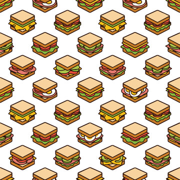 Seamless pattern of various cartoon sandwiches in an isometric vector illustration