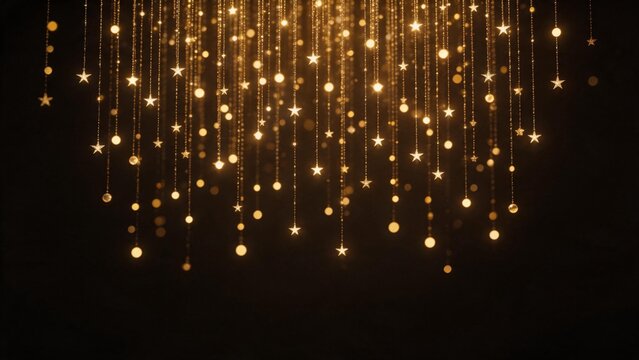 Hanging golden star lights on dark background